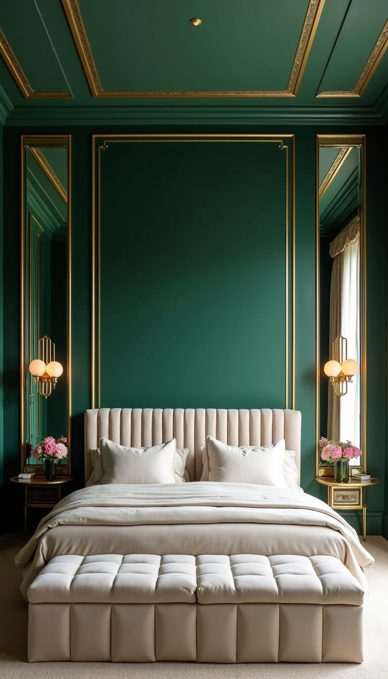 Art Deco bedroom with emerald walls, cream velvet tufted bed, brass inlays, tall mirrors, and glowing wall sconces.
