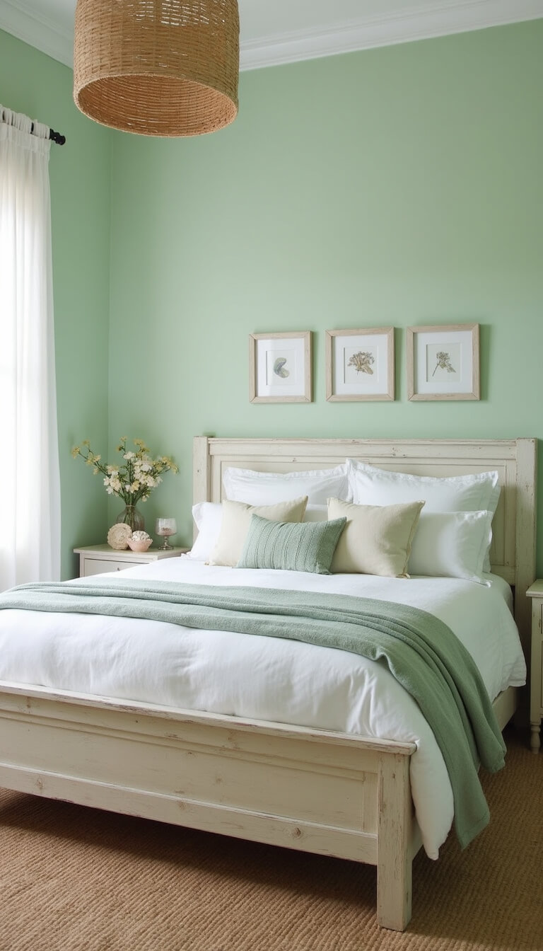 Coastal bedroom with sea-glass green walls, whitewashed bed, layered white and sage linens, and natural textures in soft morning light.