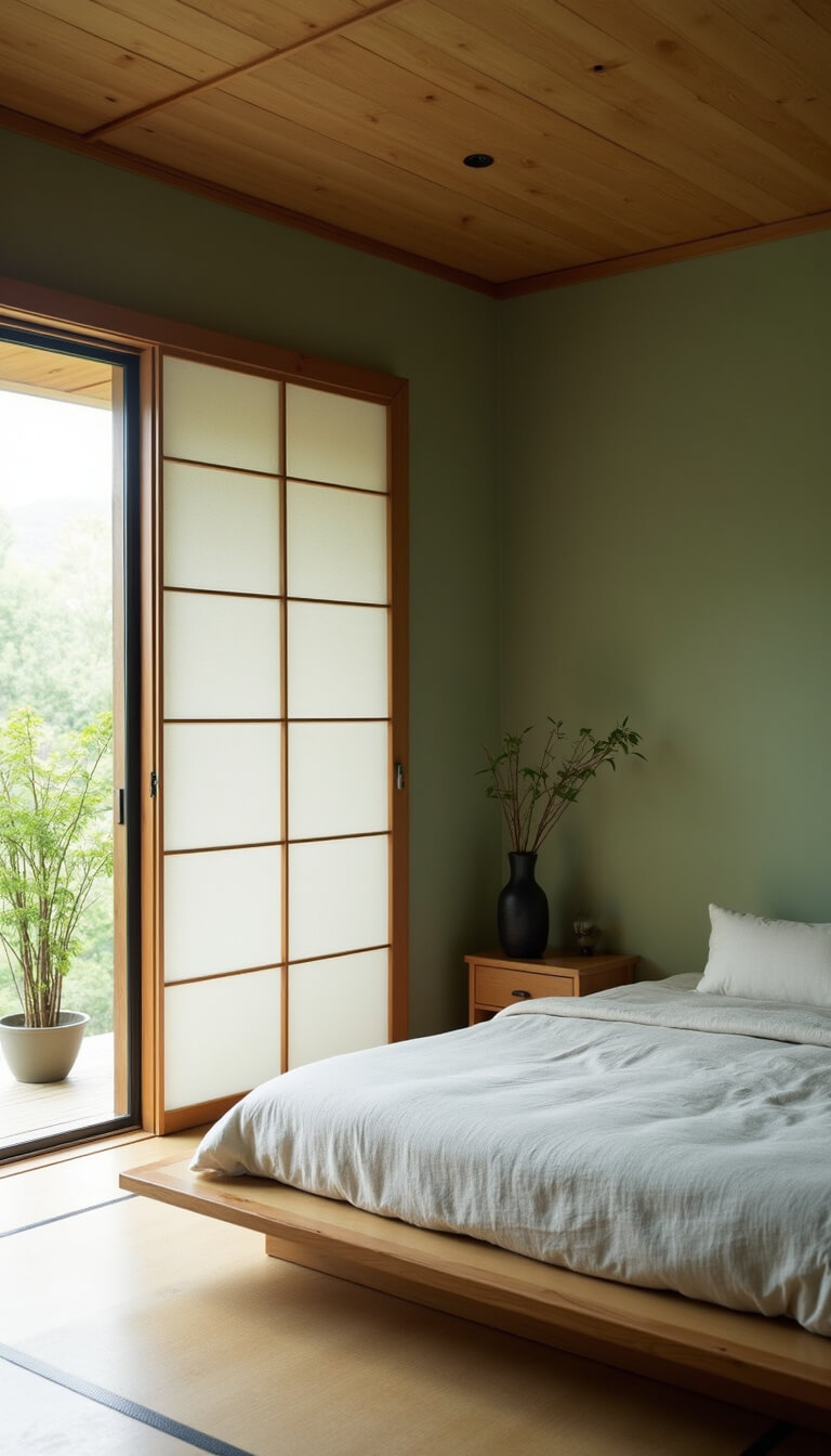 Japanese-inspired bedroom with shoji screens, sage green walls, low platform bed, and natural light highlighting minimalist decor.