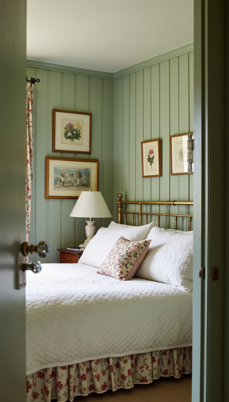 English cottage bedroom with sage green board and batten walls, antique brass bed with floral bedding, botanical prints in gilt frames, and crystal doorknobs catching morning light.
