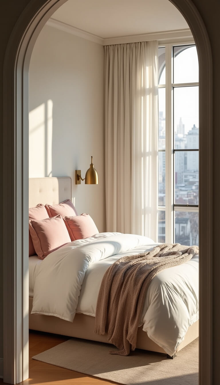 Modern 14x16ft bedroom with king bed, cream upholstered headboard, blush accents, brass sconces, and golden hour light through floor-to-ceiling windows.