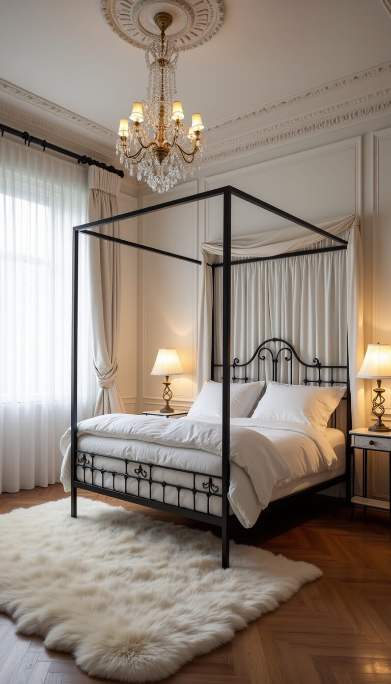 Parisian-style bedroom at dawn with black iron canopy bed, sheer curtains, vintage brass lamps, herringbone floors, and crystal chandelier.