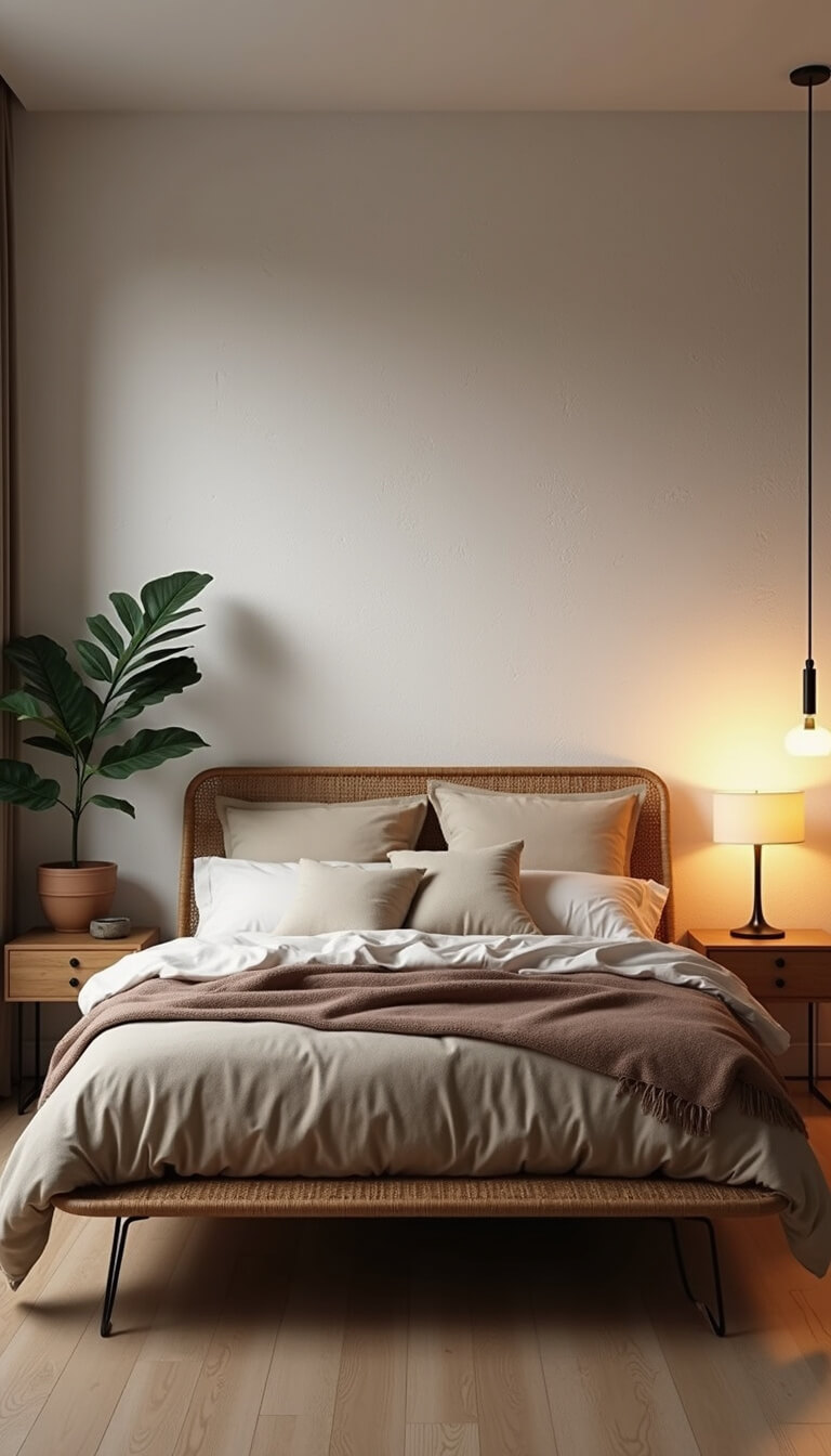 Scandinavian bedroom with rattan bed, neutral bedding, floating nightstands, fiddle leaf fig, and warm evening lighting.