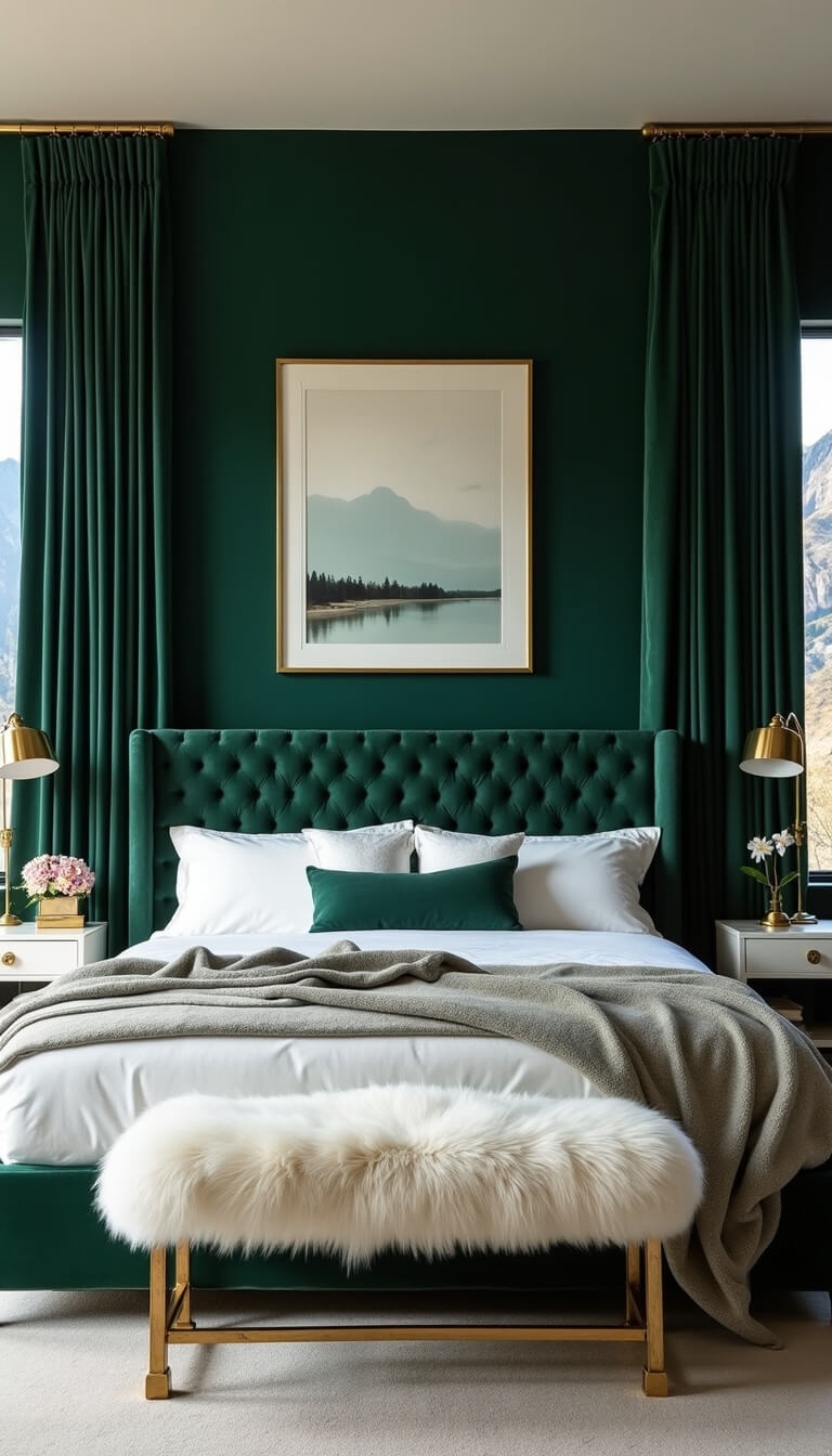Luxurious 15x18ft primary bedroom with emerald tufted headboard, mountain views, brass and marble accents, and bright natural light.
