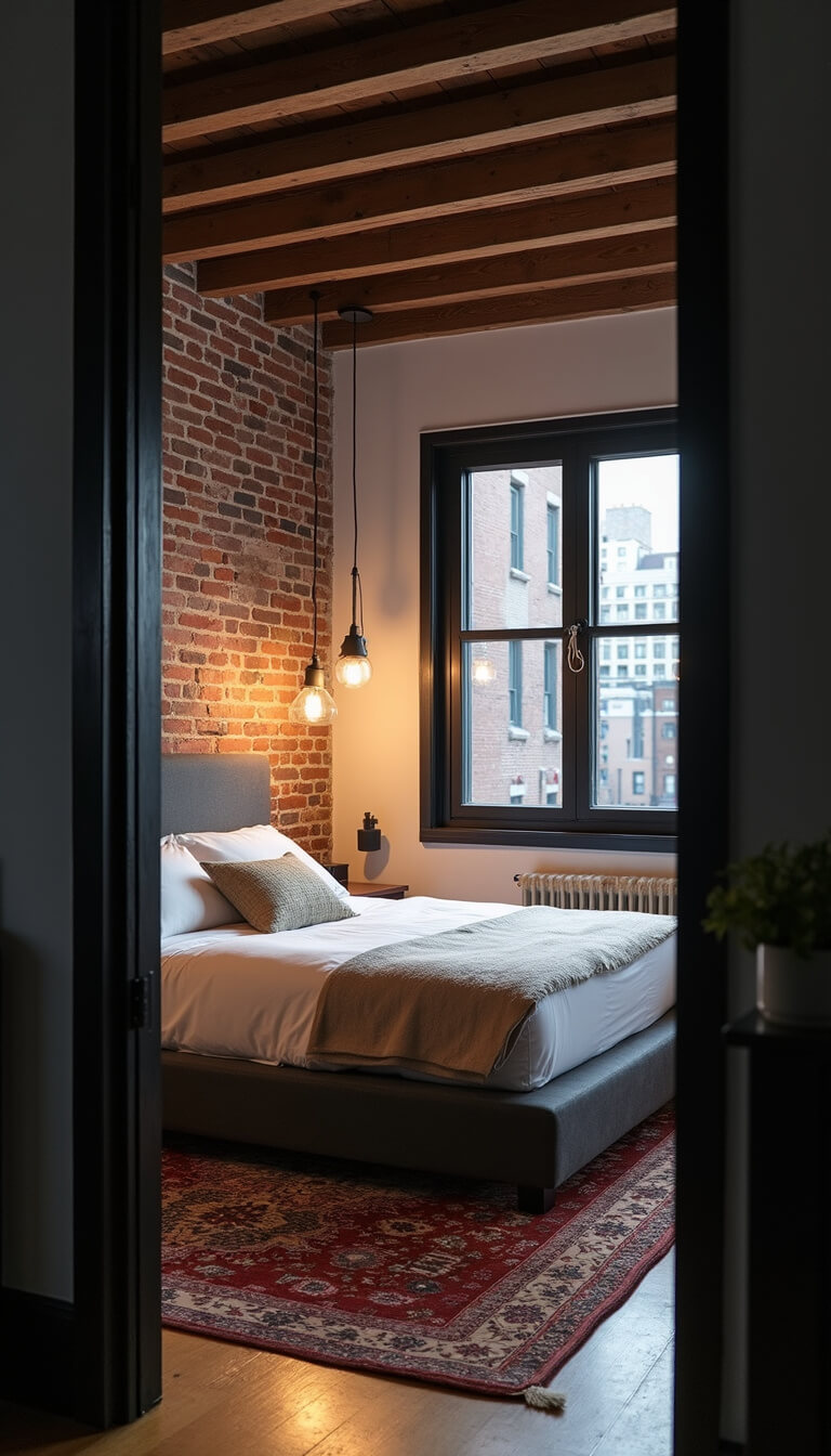 Urban bedroom with exposed brick wall, industrial windows, platform bed, Persian rug, and moody twilight lighting.