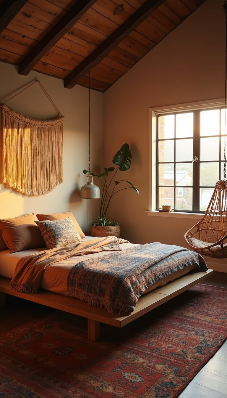 Bohemian 12x14ft bedroom at sunset with cathedral ceilings, exposed beams, platform bed with vintage textiles, hanging rattan chair, layered rust and indigo rugs, and macramé wall hanging, bathed in golden hour light.
