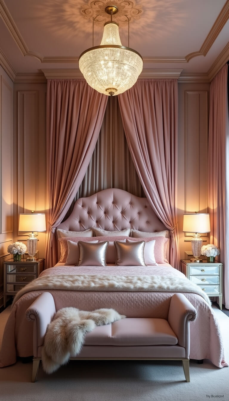 Glamorous 16x16ft bedroom at night with blush pink tufted headboard, mirrored nightstands, crystal lamps, ceiling draping canopy, fur throws, metallic pillows, and chandelier lighting in symmetrical layout.