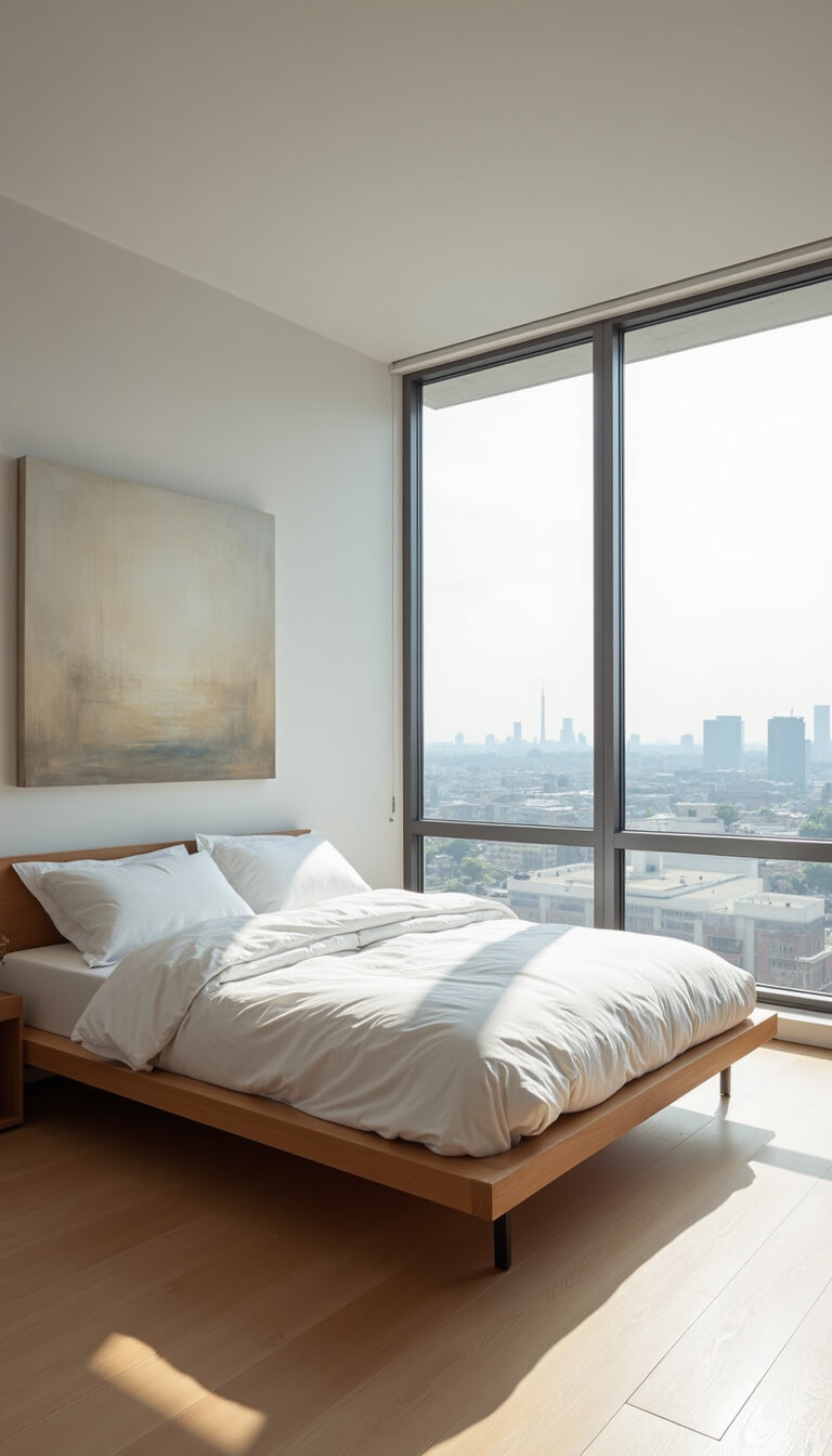 Minimalist 10x14ft bedroom with low Japanese platform bed, white bedding, large abstract canvas, and floor-to-ceiling windows showing city view in bright noon light.