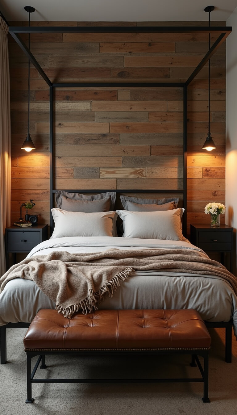 Rustic modern 14x16ft bedroom at dusk with reclaimed wood accent wall, iron canopy bed in stonewashed linen, vintage leather bench, industrial metal side tables, earth-tone wool throw, and warm ambient lighting.