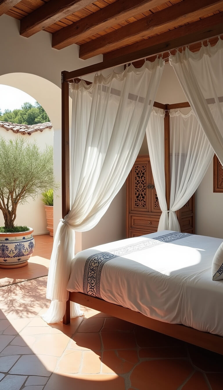 Mediterranean bedroom with terracotta floors, arched doorways, four-poster bed with white curtains, carved wood screens, olive tree, and blue-white ceramics in dappled natural light.