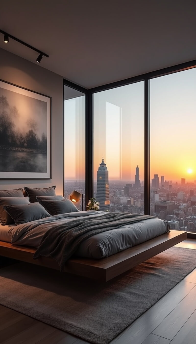 Contemporary 15x17ft bedroom at sunset with floor-to-ceiling city view windows, dark walnut floating bed, gray textured bedding, black and white photography, and mixed natural and track lighting.