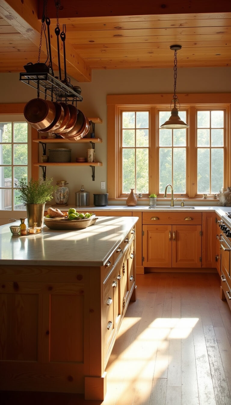 Warm farmhouse kitchen with pine cabinets, marble island, and morning light through large windows.