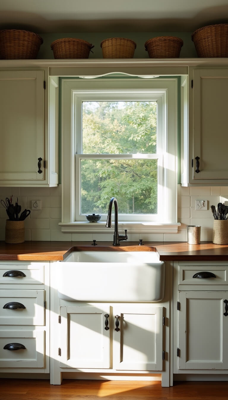Sunlit kitchen nook with weathered gray oak cabinets, white lower cabinets, dark wood countertops, and farmhouse sink in afternoon light.