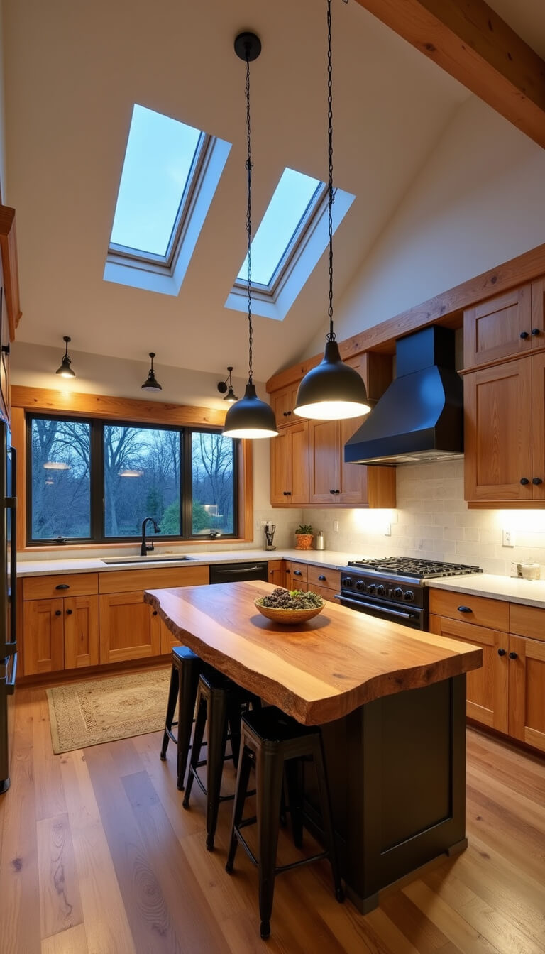 Modern rustic kitchen with honey-toned hickory cabinets, matte black hardware, live-edge island, industrial lighting, and blue hour skylight illumination.