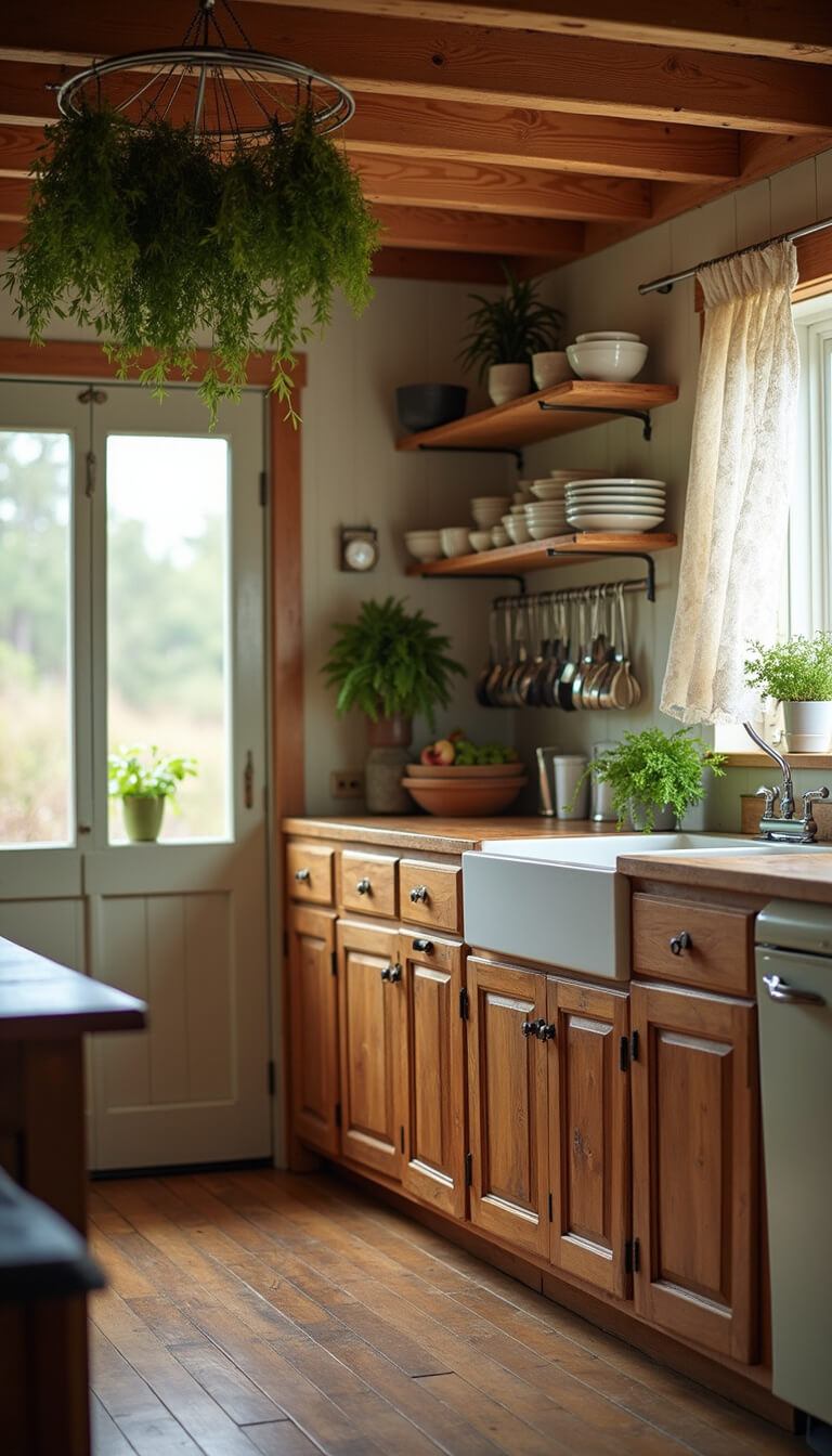 Low-angle view of a cozy 10x12ft cottage kitchen with exposed ceiling beams, reclaimed pine cabinets, vintage ceramic knobs, lace curtains, and herbs drying from a ceiling rack.