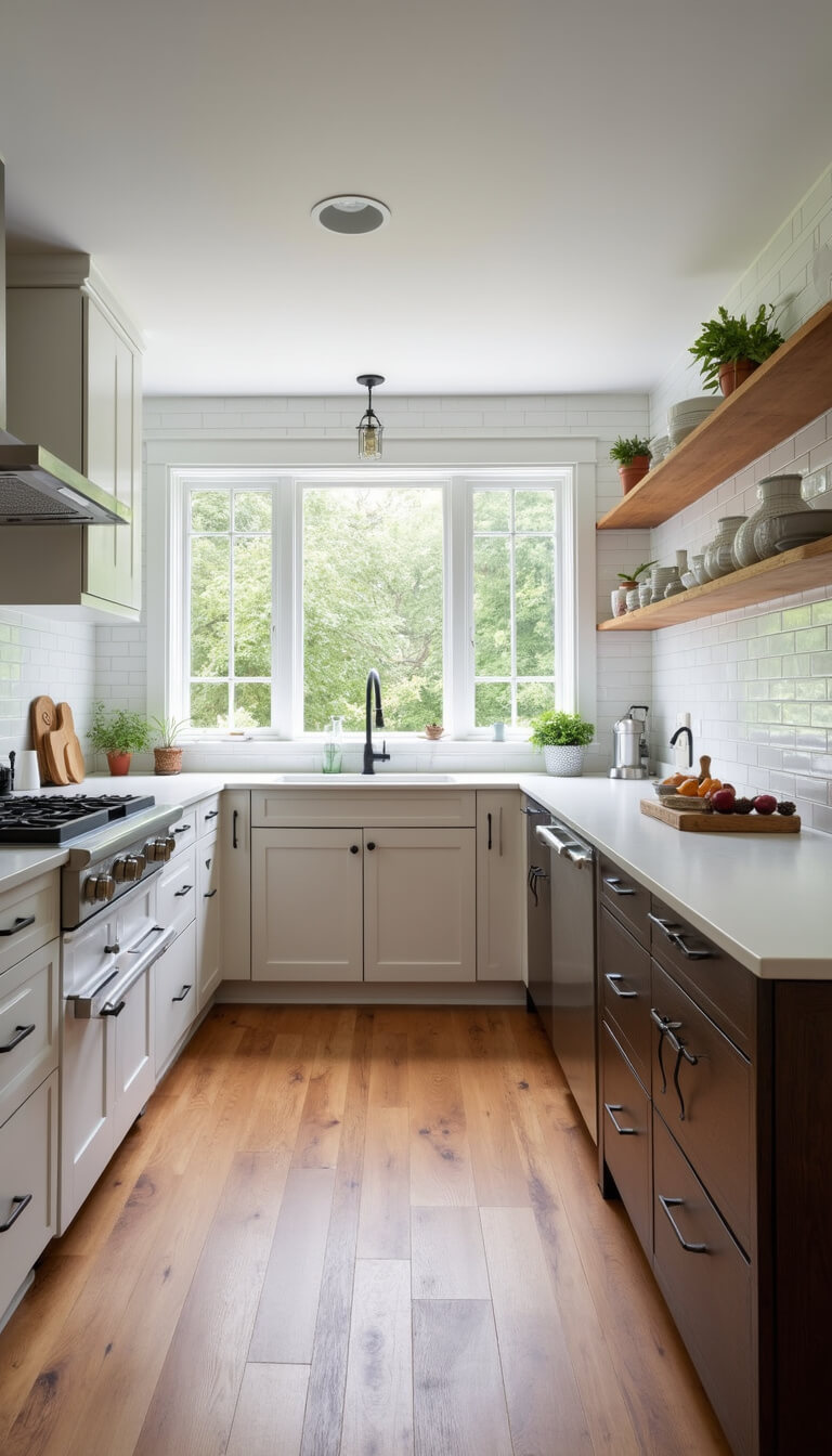 Spacious kitchen with floor-to-ceiling windows, two-tone cabinets in white and dark oak, black hardware, wood shelves displaying earthenware, lit by soft mid-morning light.