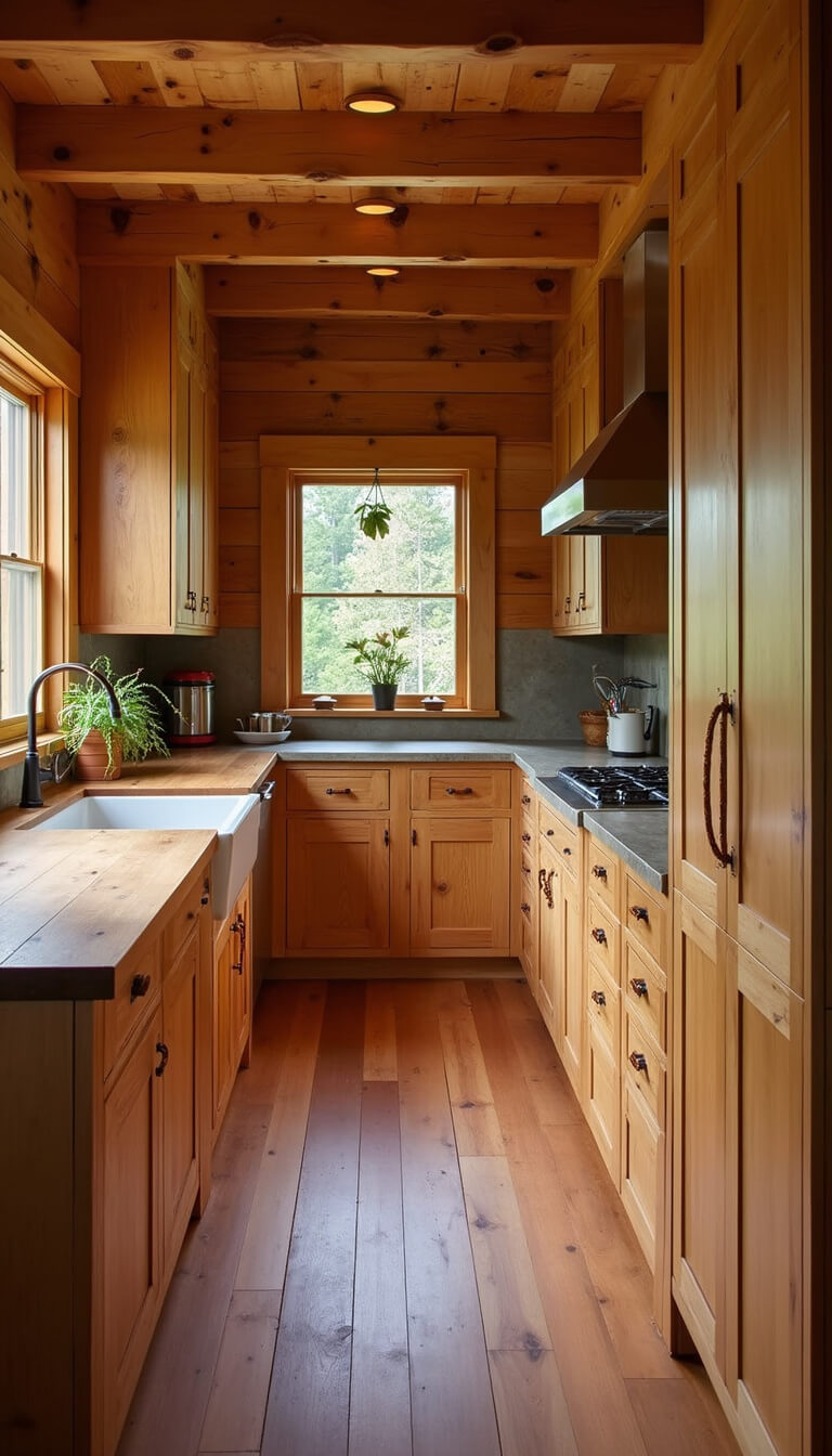 Rustic galley kitchen with knotty alder cabinets, aged copper pulls, worn butcher block counters, and warm afternoon light highlighting natural textures.