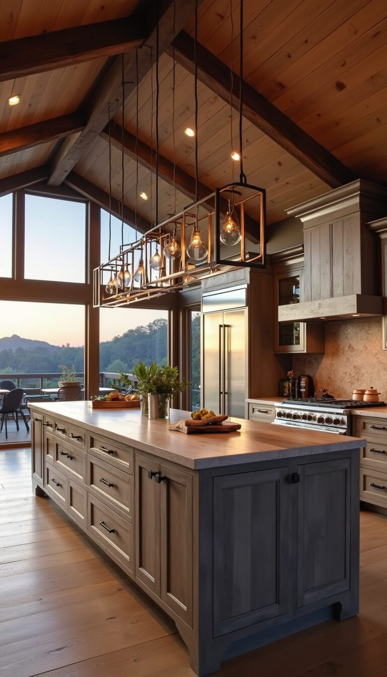 Open-concept 18x22ft kitchen with gray-washed rough-sawn oak cabinets, mixed metal hardware, stone countertops, and live-edge wood island, warmly lit by dusk light through western windows.