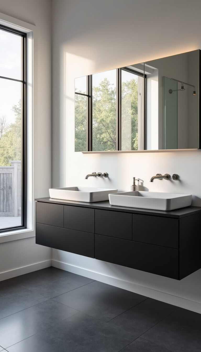 Modern minimalist 12x14ft master bathroom with matte black floating double vanity, white vessel sinks, brushed nickel fixtures, and large frameless mirror, softly lit by morning sun and LED lighting.