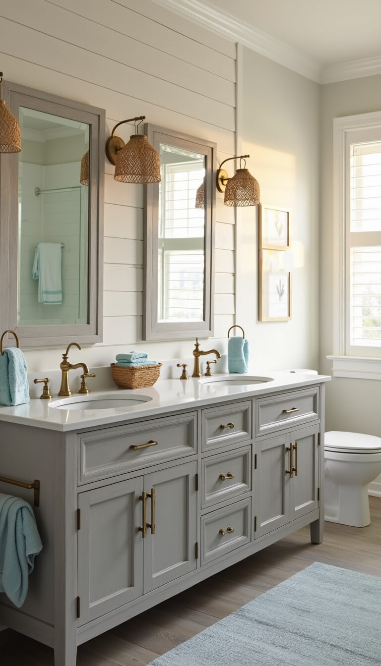 Coastal-themed 10x12ft bathroom with white shiplap wall, gray double vanity, brass fixtures, and beachy accents in golden hour light.