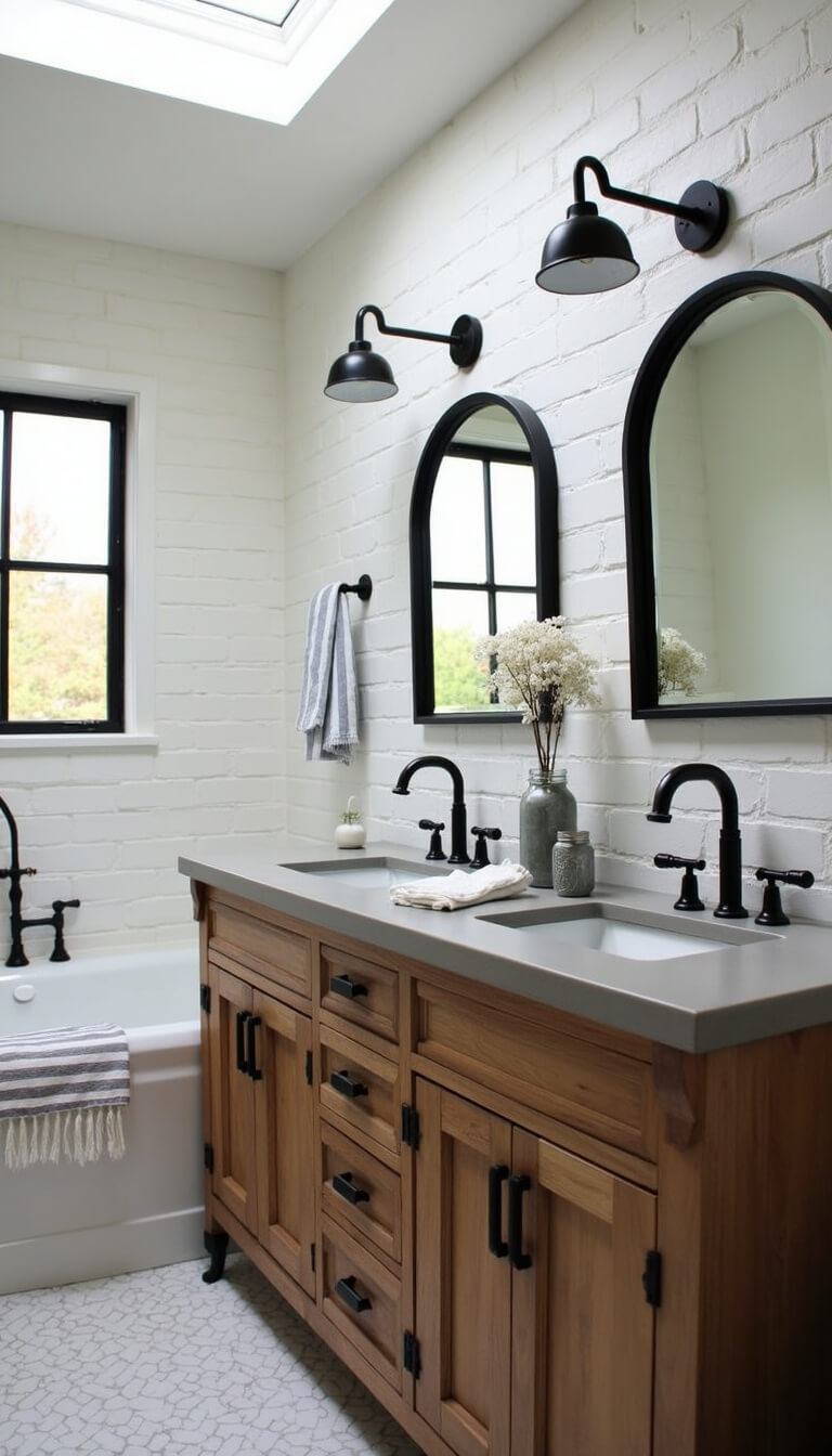 Farmhouse-style 10x12ft bathroom with white brick accent wall, reclaimed wood vanity, concrete countertop, skylight, and rustic decor elements.
