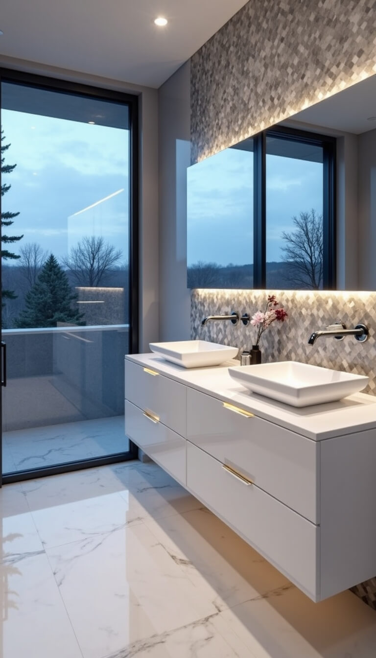 Modern 12x15ft bathroom with glossy white floating double vanity, waterfall quartz countertop, geometric gray and white backsplash, chrome fixtures, and dusk lighting through floor-to-ceiling window.