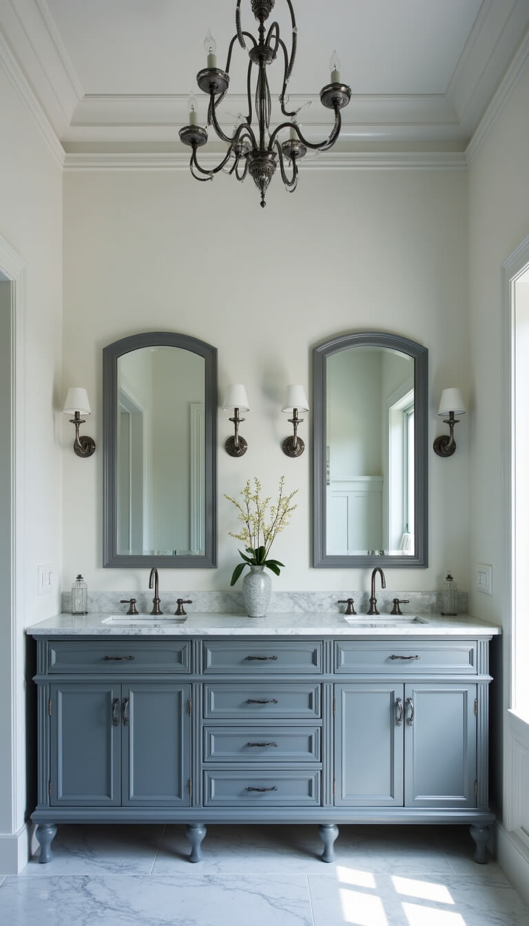 Transitional 11x14ft bathroom with coffered ceiling, gray 72-inch vanity with marble top, chrome hardware, blue and gray decor, silver accents, mid-morning light and chandelier illumination.