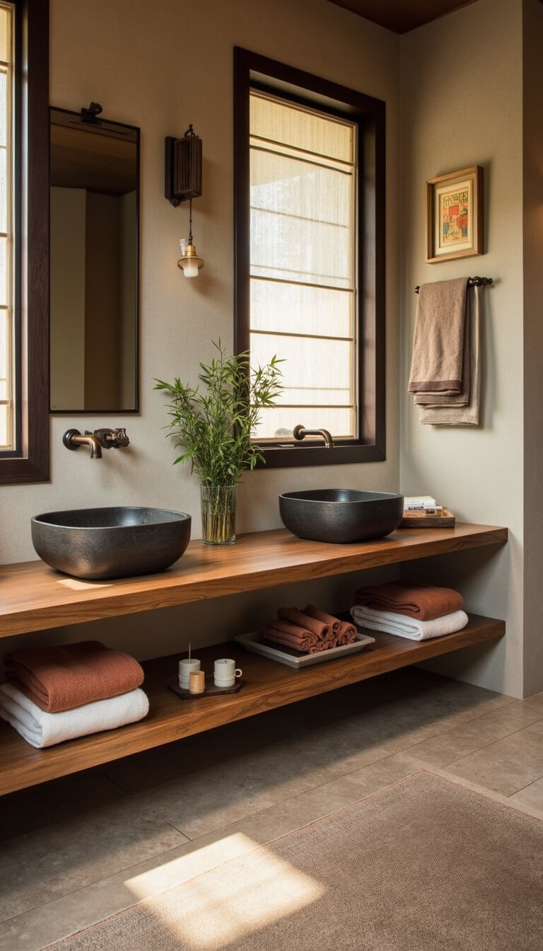 Zen-inspired bathroom with floating teak double vanity, stone vessel sinks, bamboo faucets, rice paper windows, and natural decor elements.
