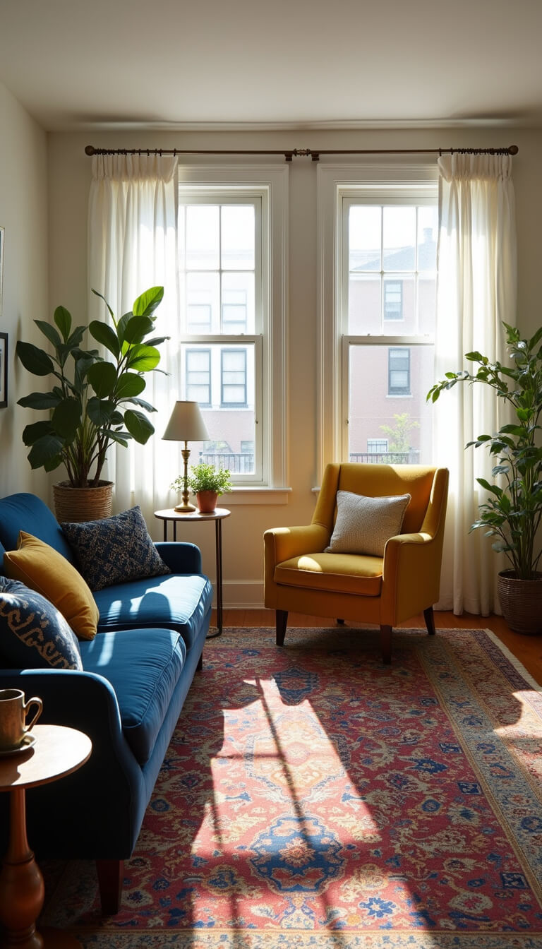 Sunlit bohemian living room with navy velvet sofa, mustard armchair, Persian rug, and cozy textured accents.