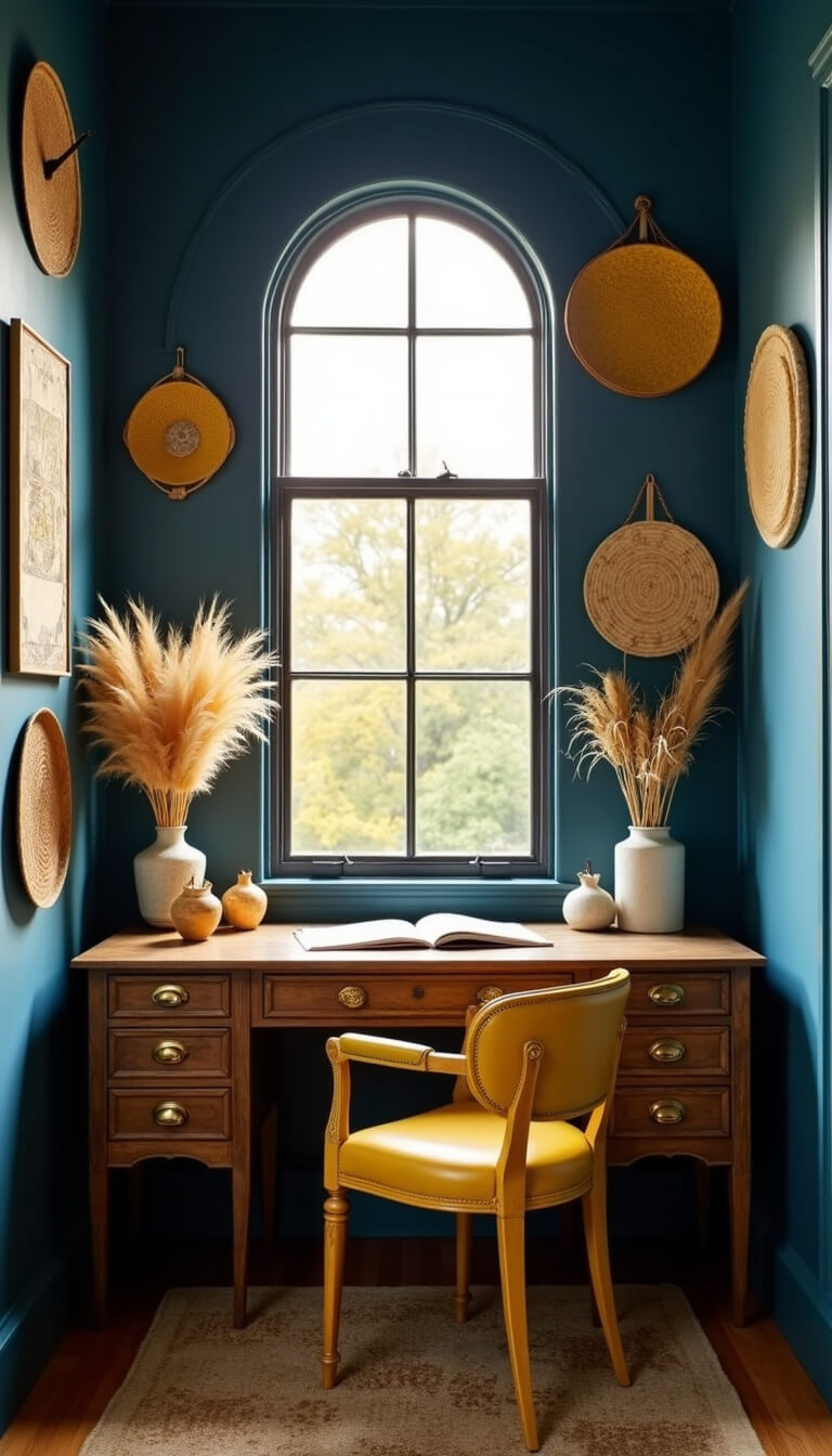 Cozy 12x12ft home office with arched window, moody golden hour light, peacock blue accent wall, woven yellow wall hangings, weathered wood desk with brass hardware, ceramic vases, dried pampas grass, and vintage yellow leather chair.