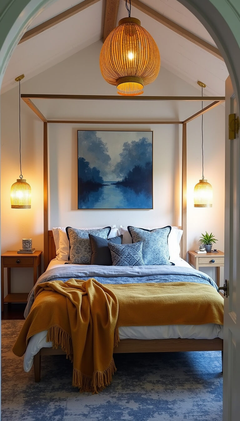 Modern bohemian bedroom with vaulted ceiling featuring indigo and marigold canopy bed, asymmetrical yellow rattan pendant lights, abstract blue and yellow art on whitewashed walls, captured from low angle with warm morning light.