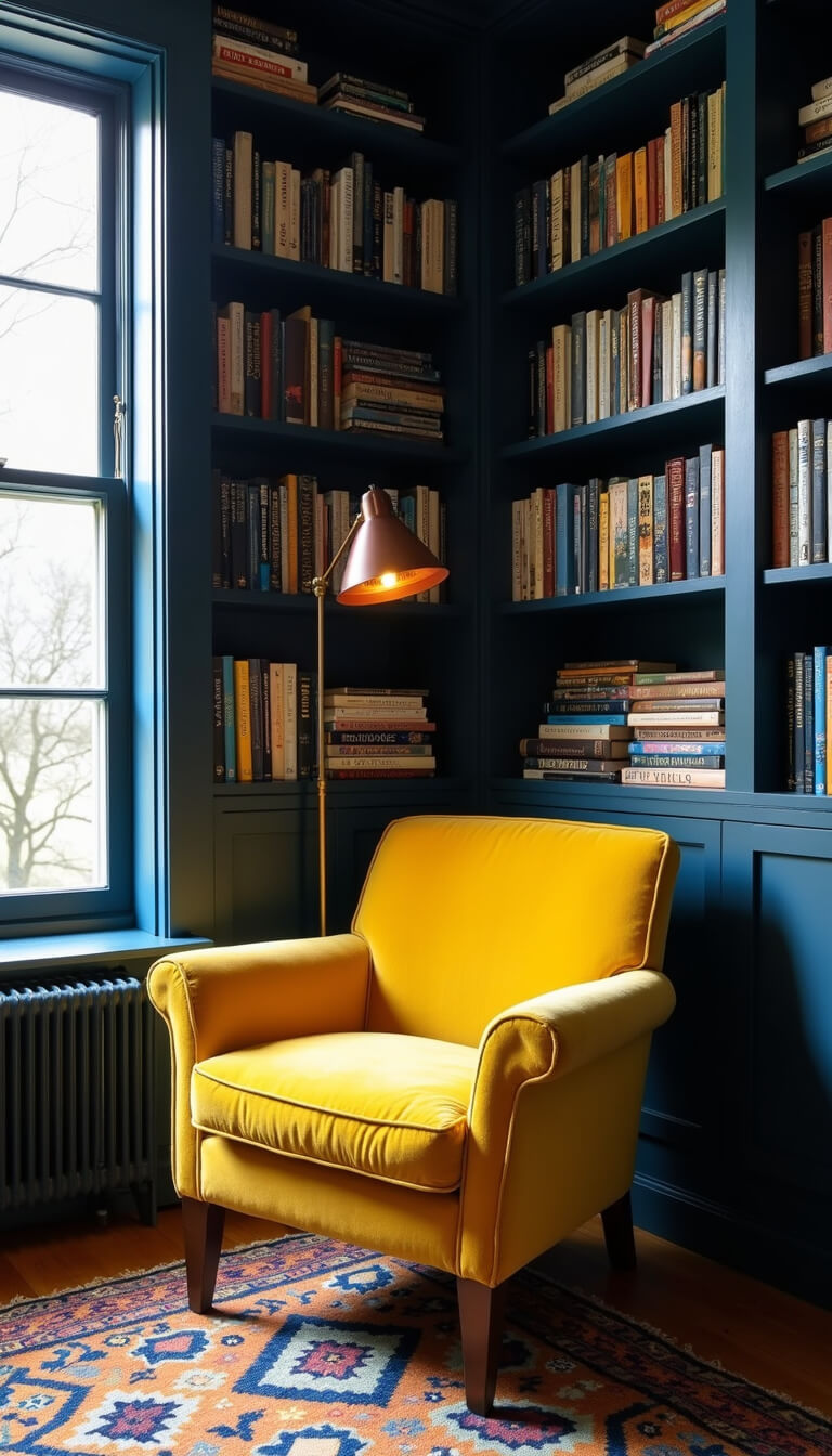 Cozy 10x12ft reading nook with navy floor-to-ceiling bookshelves, yellow bouclé chair under copper lamp, vintage blue and gold kilim rug, color-coordinated book stacks, and dramatic afternoon shadows.