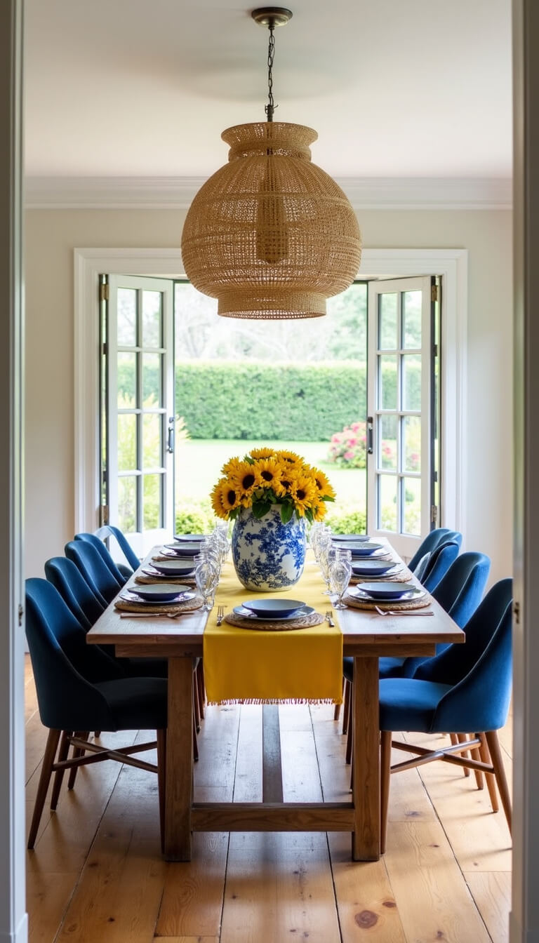 Airy 16x18ft dining room with rustic wooden table, navy and rattan chairs, yellow table runner, blue ceramics, sunflowers in chinoiserie vases, and French doors opening to a sunny garden.