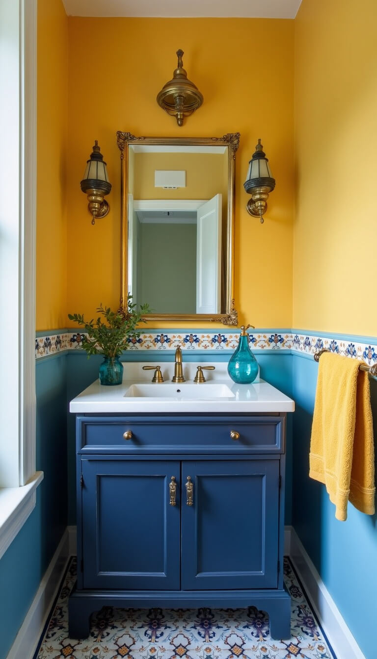 Stylish 8x10ft bathroom with hand-painted yellow and blue Portuguese tiles, navy vanity, vintage brass mirror, and color-blocked decor.