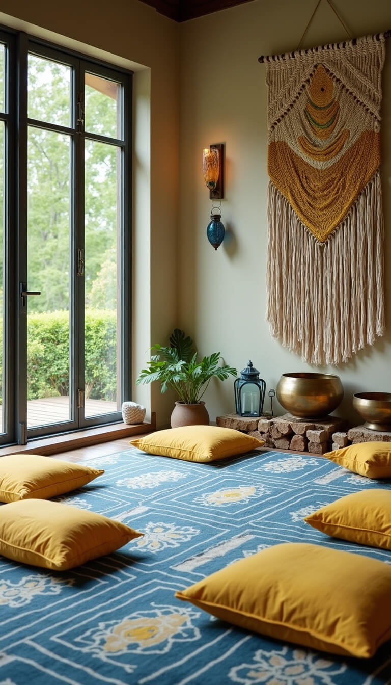 Bohemian meditation space with floor-to-ceiling garden-facing windows, yellow cushions on blue geometric rug, macramé wall hanging, brass singing bowls, and blue glass lanterns.