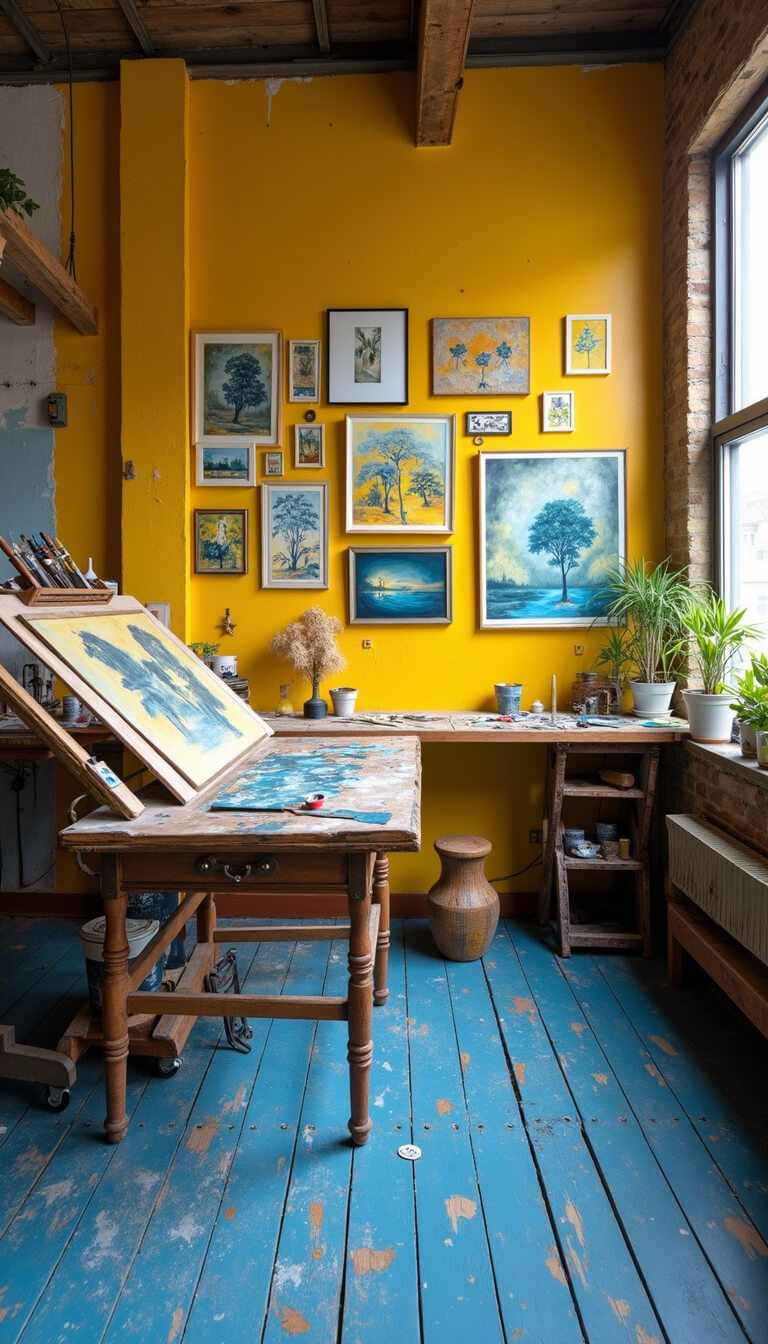 Artist’s studio with blue paint-splattered floors, yellow accent wall, vintage drafting table, and eclectic gallery art, bathed in natural light.