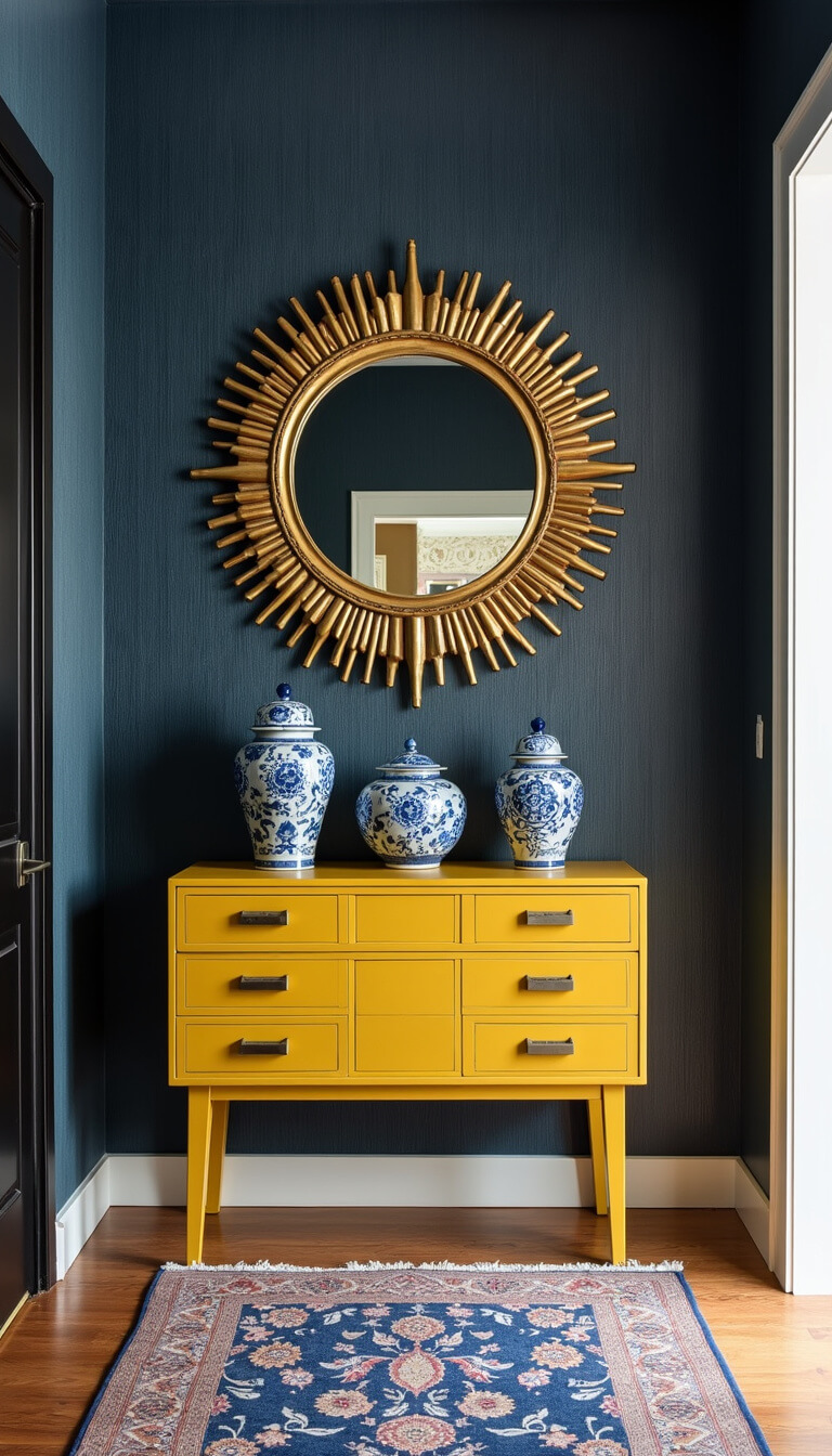 Modern 10x12ft entryway with navy grasscloth wallpaper, aged brass sunburst mirror, yellow ceramic console, blue and white ginger jars, and vintage Persian runner in blue and gold tones.