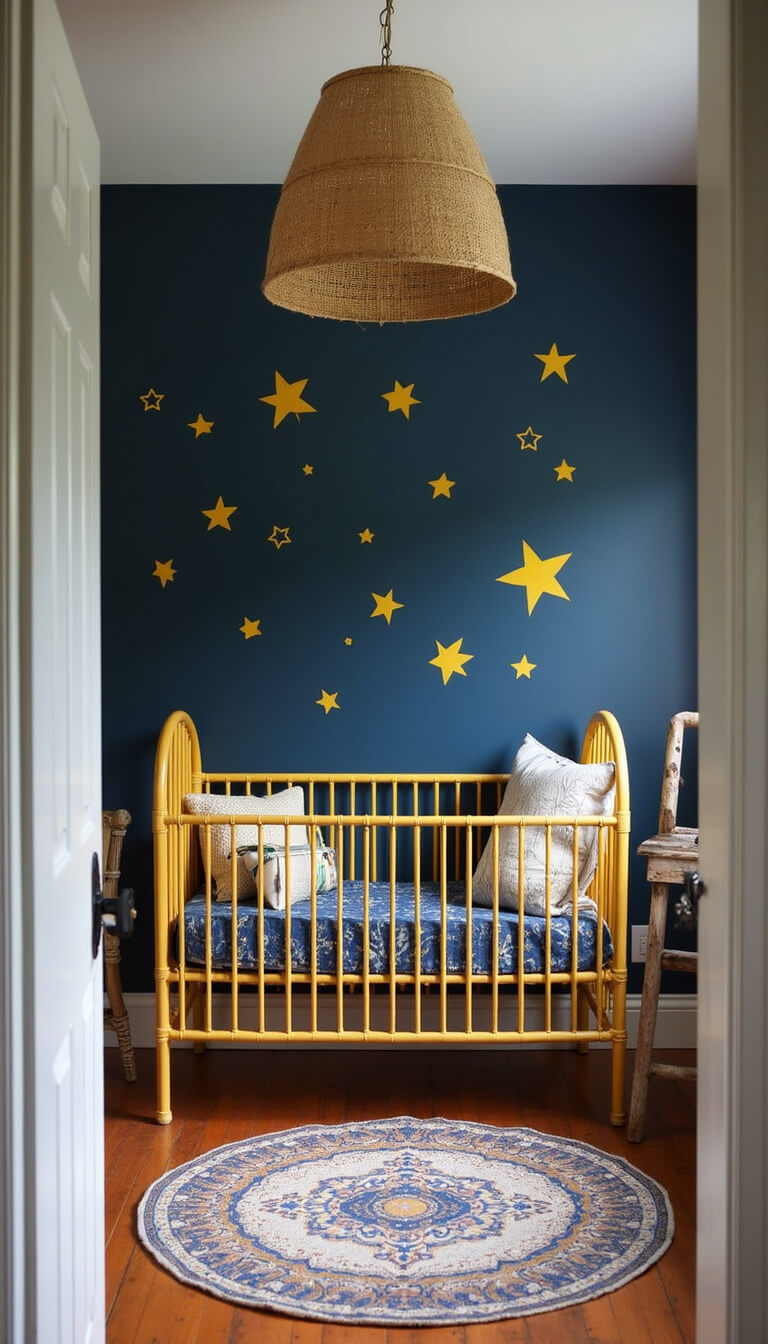 Bohemian-style 12x14ft nursery with yellow rattan crib, navy walls with hand-painted stars, Persian rug, and natural pendant lamp casting star-like shadows.