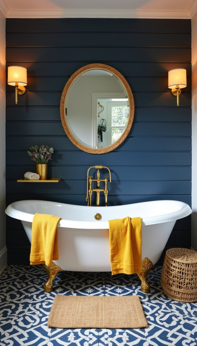 Luxurious master bathroom with clawfoot tub, navy shiplap wall, yellow towels, brass fixtures, bold geometric floor tiles, and rattan accents in warm evening light.