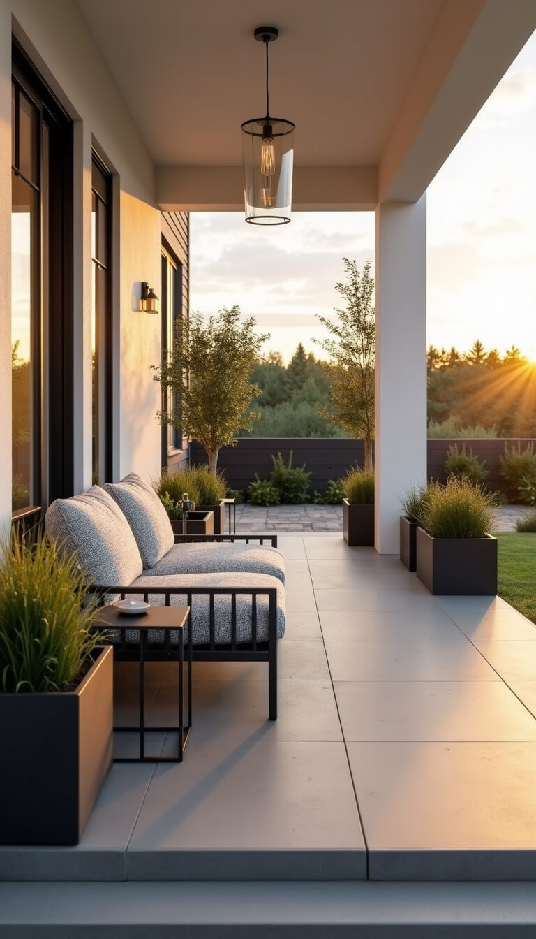 Modern front porch with gray decking, white pillars, black metal furniture, and dramatic golden hour lighting.