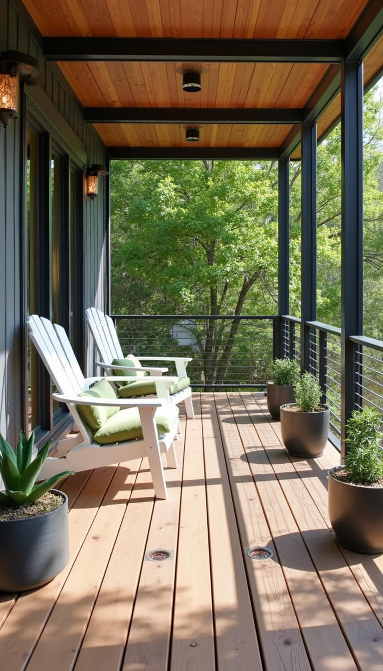 Modern 15x10ft porch with teak decking, steel railings, white Adirondack chairs with sage cushions, floating planters of succulents, and ambient LED floor lighting.