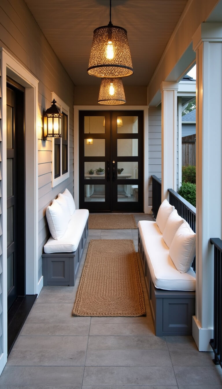 High-angle view of a 10x12ft transitional porch with weathered gray built-in benches, white cushions, black lanterns, woven pendant lights, jute rug, and architectural uplighting.
