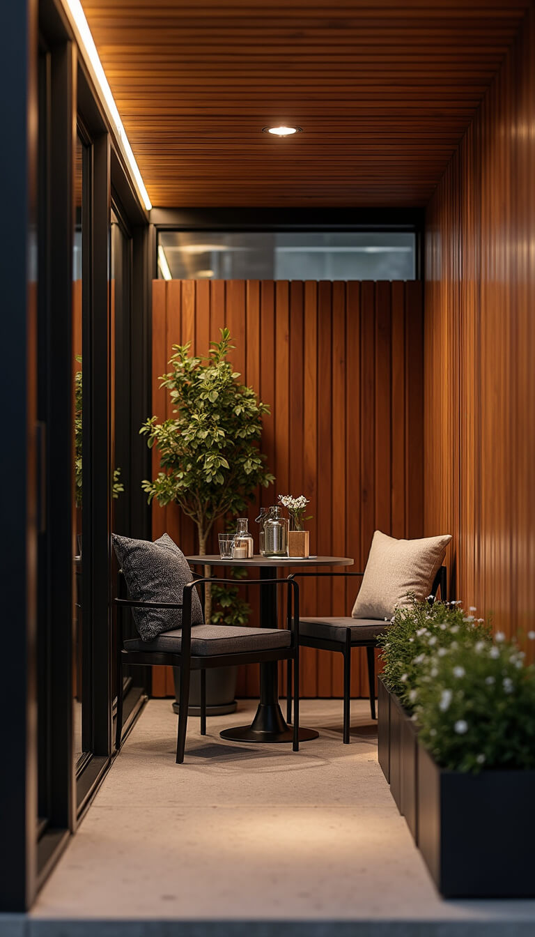 Contemporary urban porch at dusk with black metal bistro set, cedar walls, LED strip lighting, and minimalist decor.
