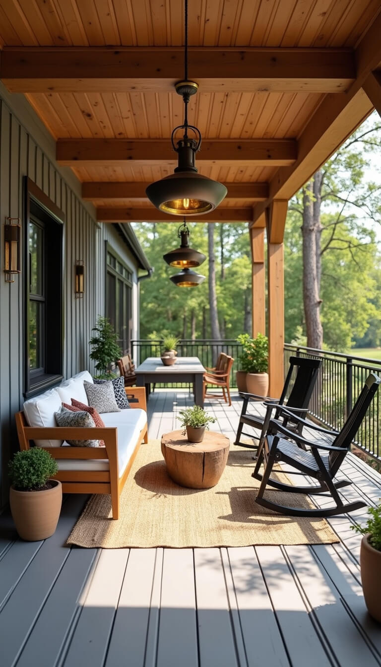 Modern farmhouse porch with teak sofa, black rocking chairs, brass pendant lights, and natural textures in late afternoon sunlight.