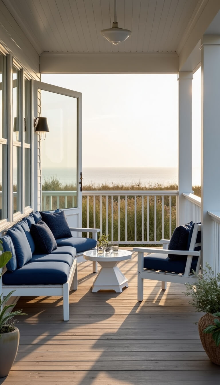 Contemporary coastal porch with white aluminum furniture, navy cushions, glass windbreaks, and nautical accents in moody morning light.