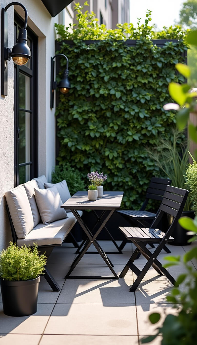 High-angle view of a compact 6x8ft modern urban porch with wall-mounted bench, foldable matte black bistro set, vertical garden wall, and industrial-style sconces.