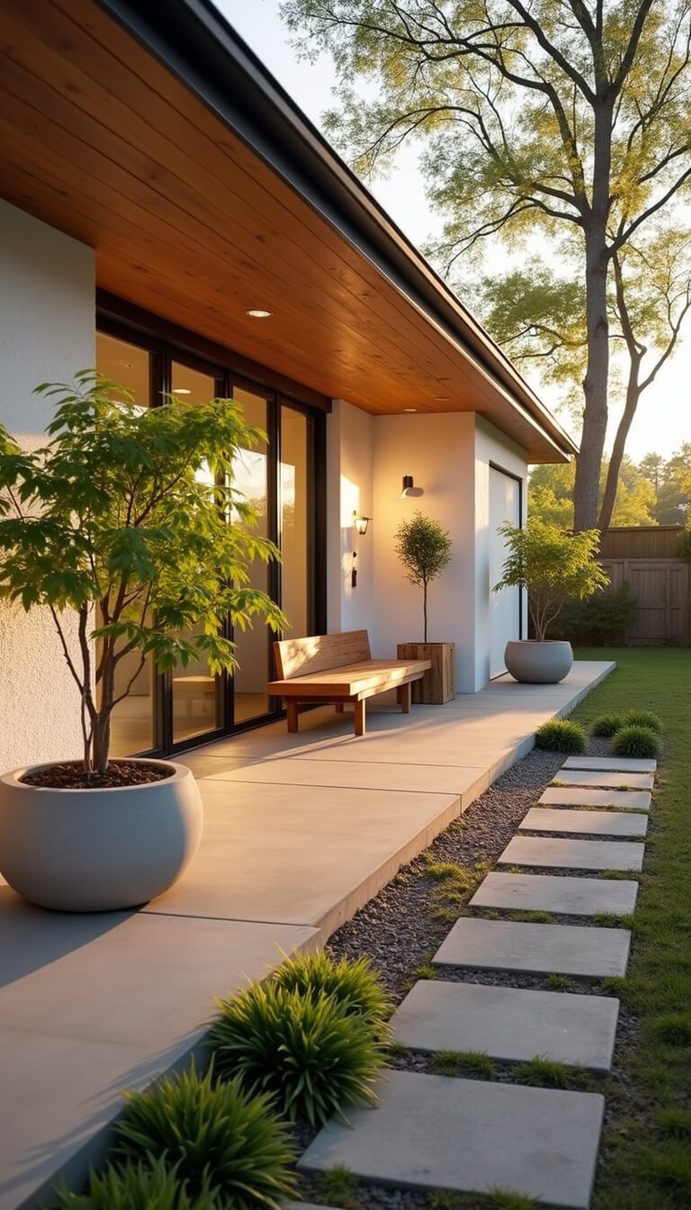 Modern zen porch at golden hour with floating ipe wood bench, white stucco walls, Japanese maples in concrete planters, and hidden LED lighting.
