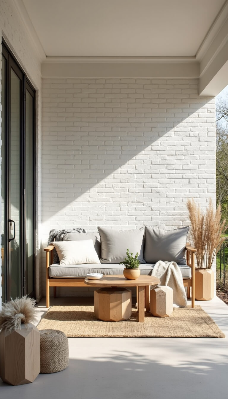 Scandinavian-style porch with pale wood furniture, gray cushions, white brick wall, and minimal decor in morning light