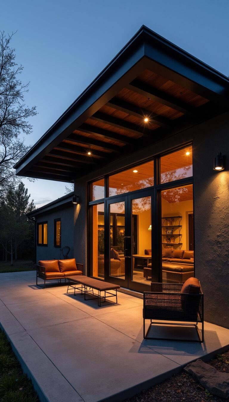 Industrial modern porch with dramatic dusk lighting, featuring steel beam architecture, polished concrete floor, leather and metal furniture, and highlighted structural elements.