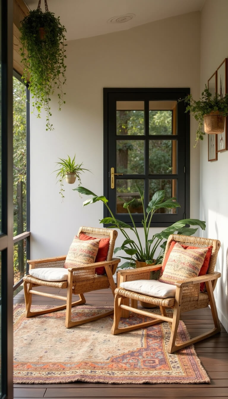 Bohemian modern porch with woven chairs, kilim cushions, brass accents, and hanging plants in soft afternoon light.